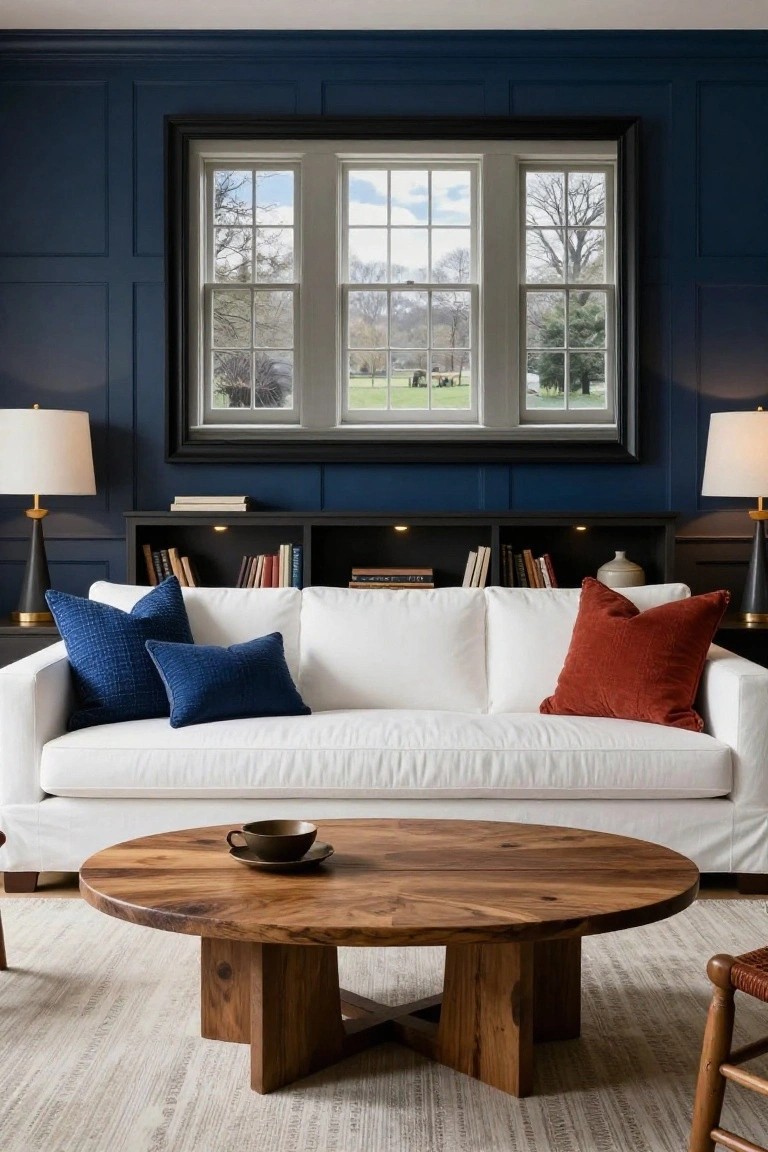 Living room with navy blue paneled walls, large black-framed window showing trees and fields, white sofa with blue and rust pillows, round wooden coffee table, brass lamps, bookshelves, and beige rug.