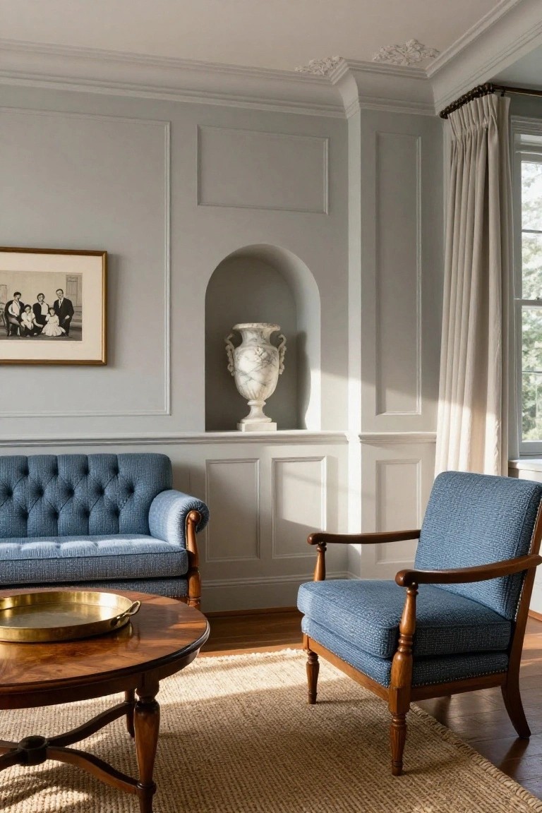 Light gray paneled living room walls with an arched niche holding a white marble urn, a framed black-and-white family photo, blue tufted sofa and armchair, wood coffee table with brass tray, and seagrass rug on hardwood floor.