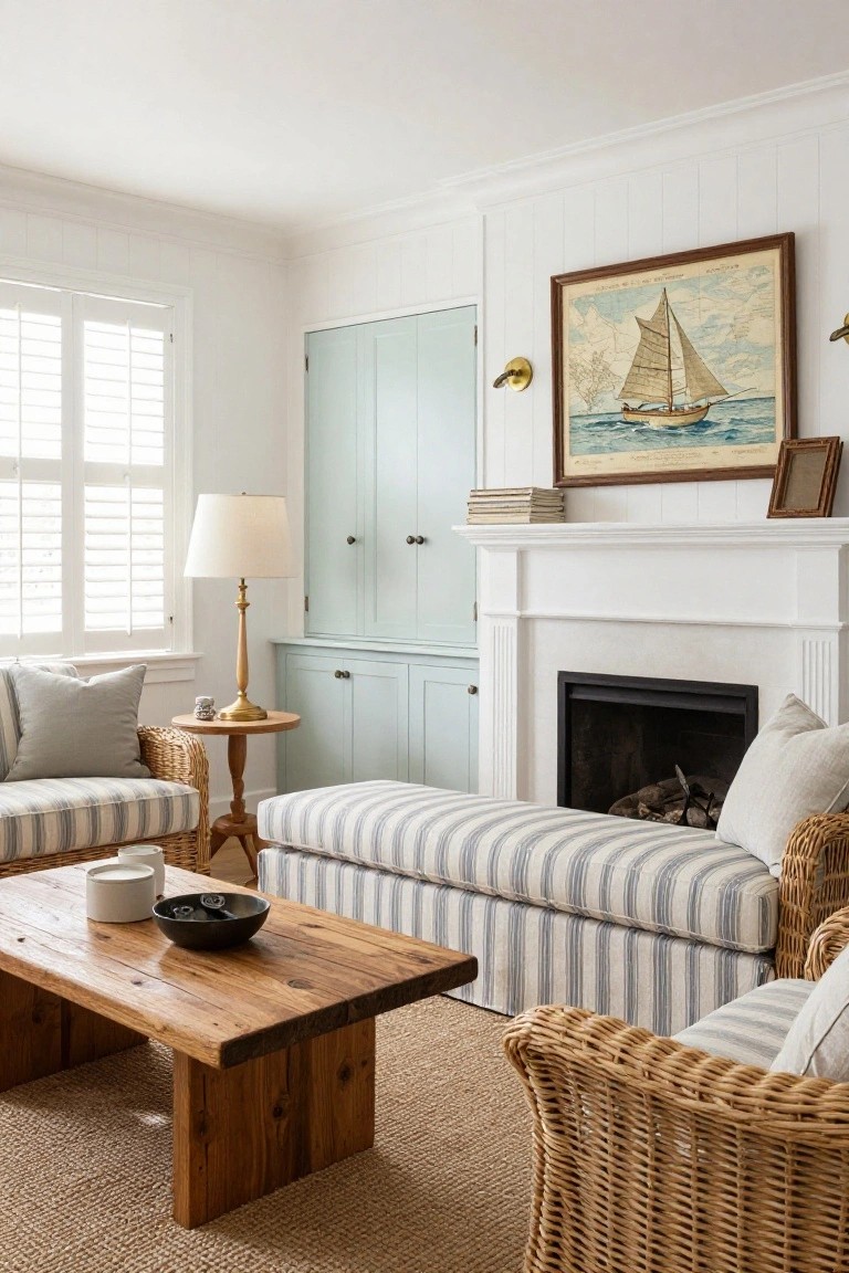 Living room with white shiplap walls, teal cabinets flanking a white fireplace mantel, striped linen bench and chairs, rattan armchairs, wooden coffee table, and seagrass rug.