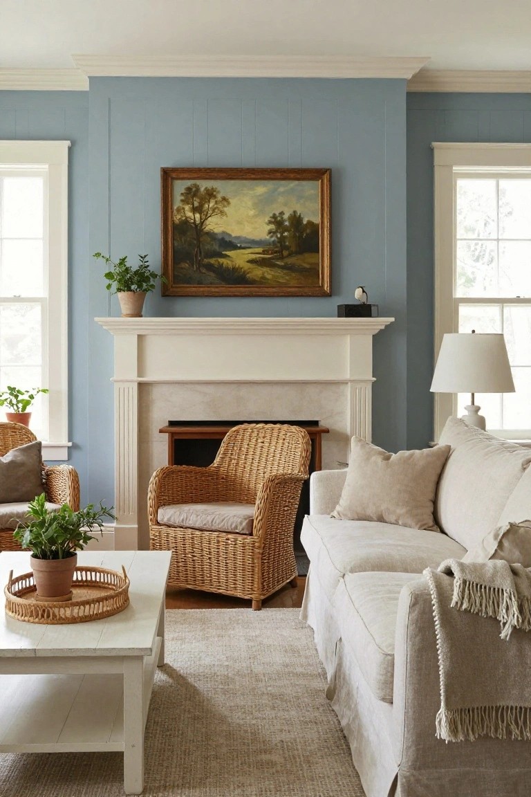 Living room with pale blue shiplap walls, white fireplace mantel holding a framed landscape painting, wicker armchairs, cream slipcovered sofa, white coffee table, and several potted plants.