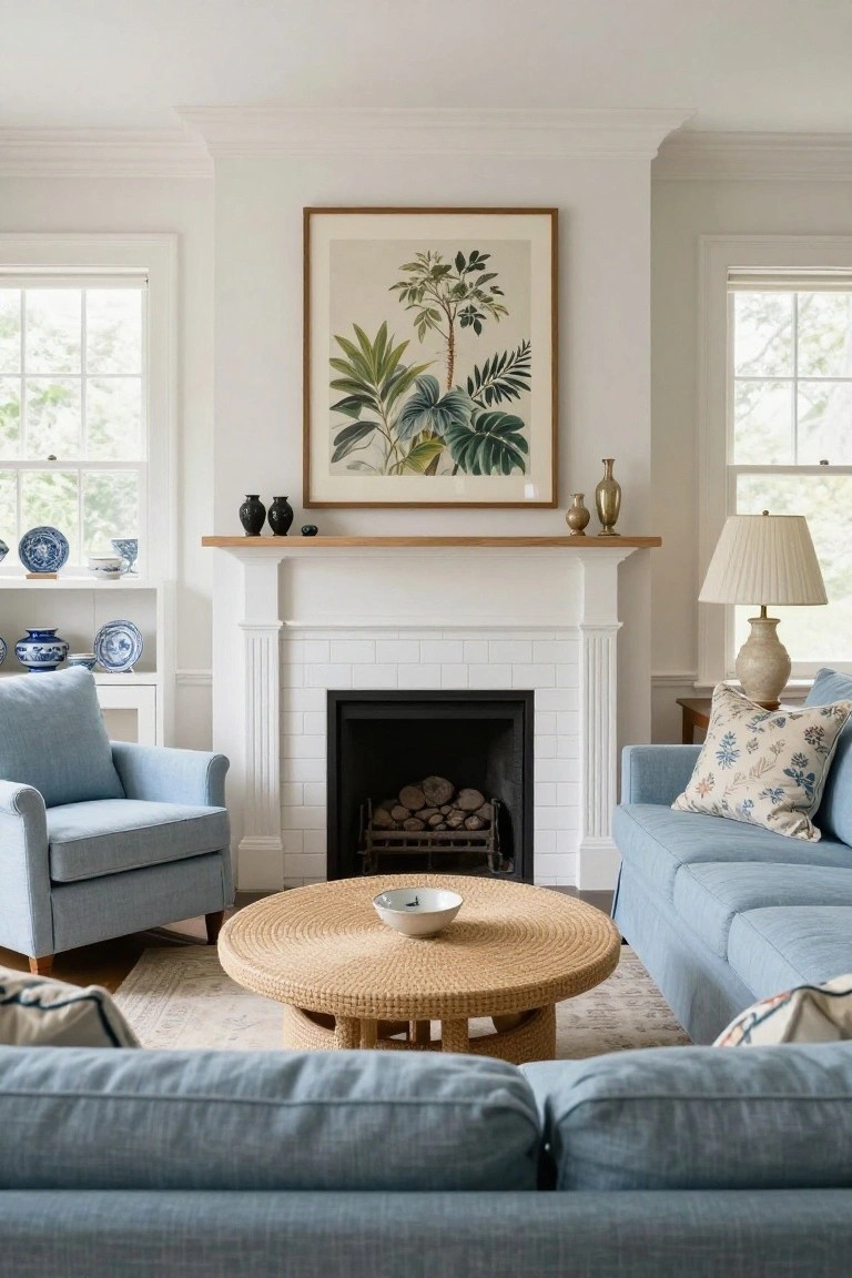 A colonial living room with light blue sofas and armchairs around a round rattan coffee table in front of a white fireplace, botanical artwork on the wall above the mantel, and blue-and-white ceramics on built-in shelves beside tall windows.