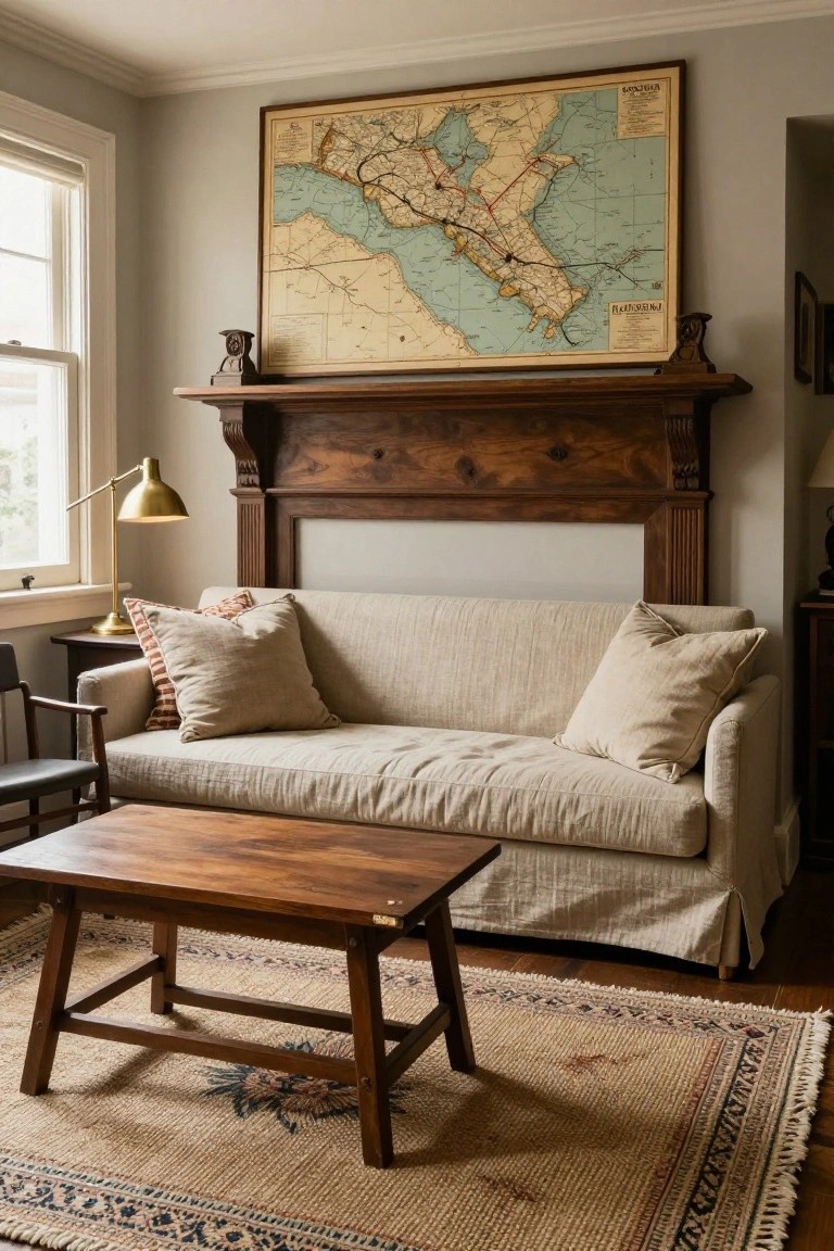 Cozy living room with beige sofa, wooden coffee table, and vintage map.