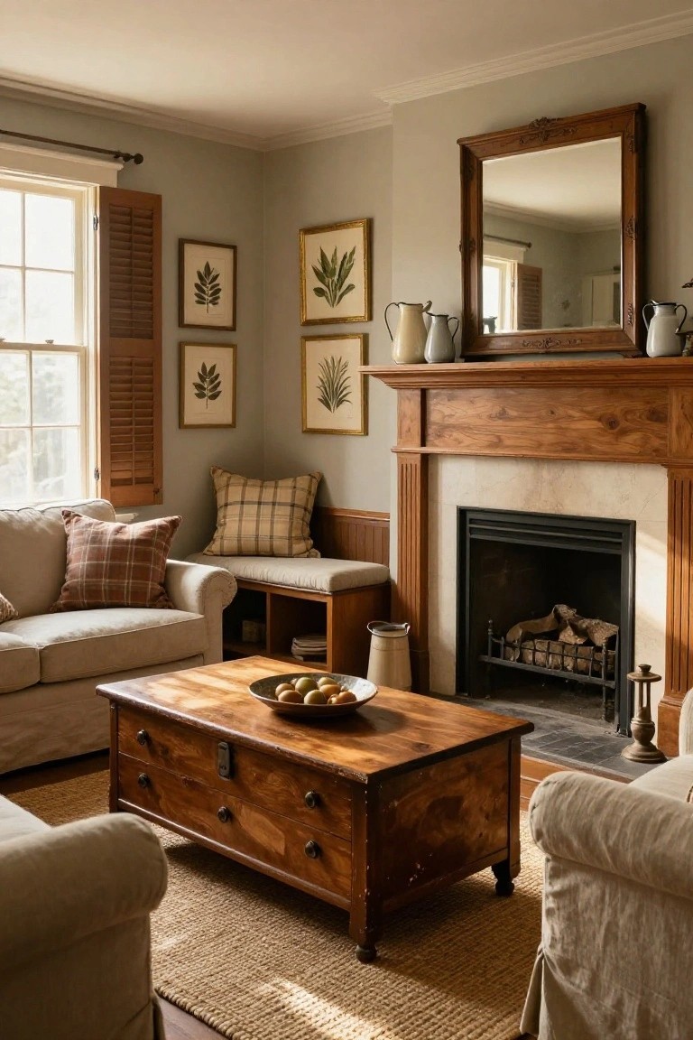 Living room with sage green walls, wooden fireplace mantel topped by antique mirror and pitchers, linen sofa with plaid pillows, wooden trunk coffee table holding bowl of fruit and plate, seagrass rug, and botanical leaf prints.