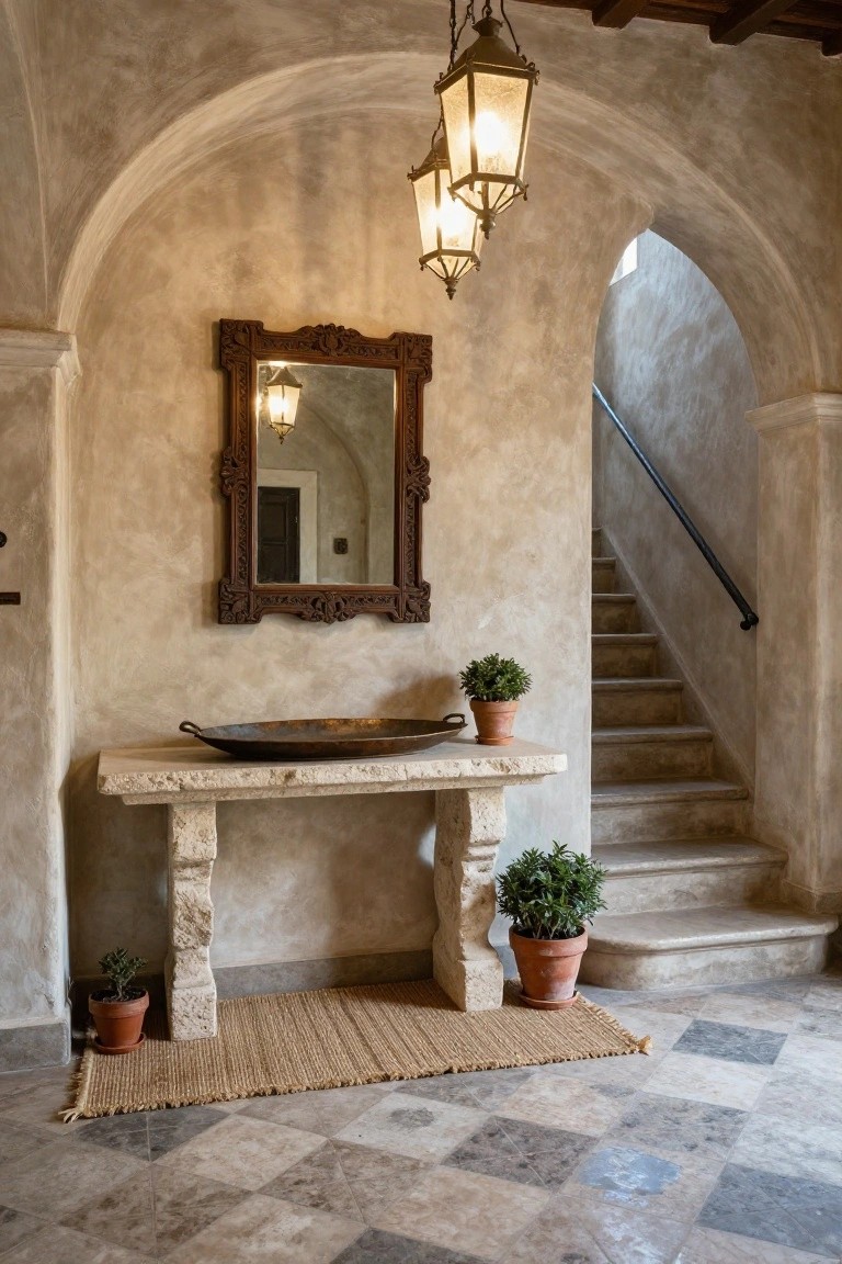Interior of a Mediterranean-style entry hall with textured plaster walls, arched doorways and staircase, hanging lanterns, ornate wood mirror, limestone console table topped with copper bowl and potted plants, woven rug, and terracotta tile floor.
