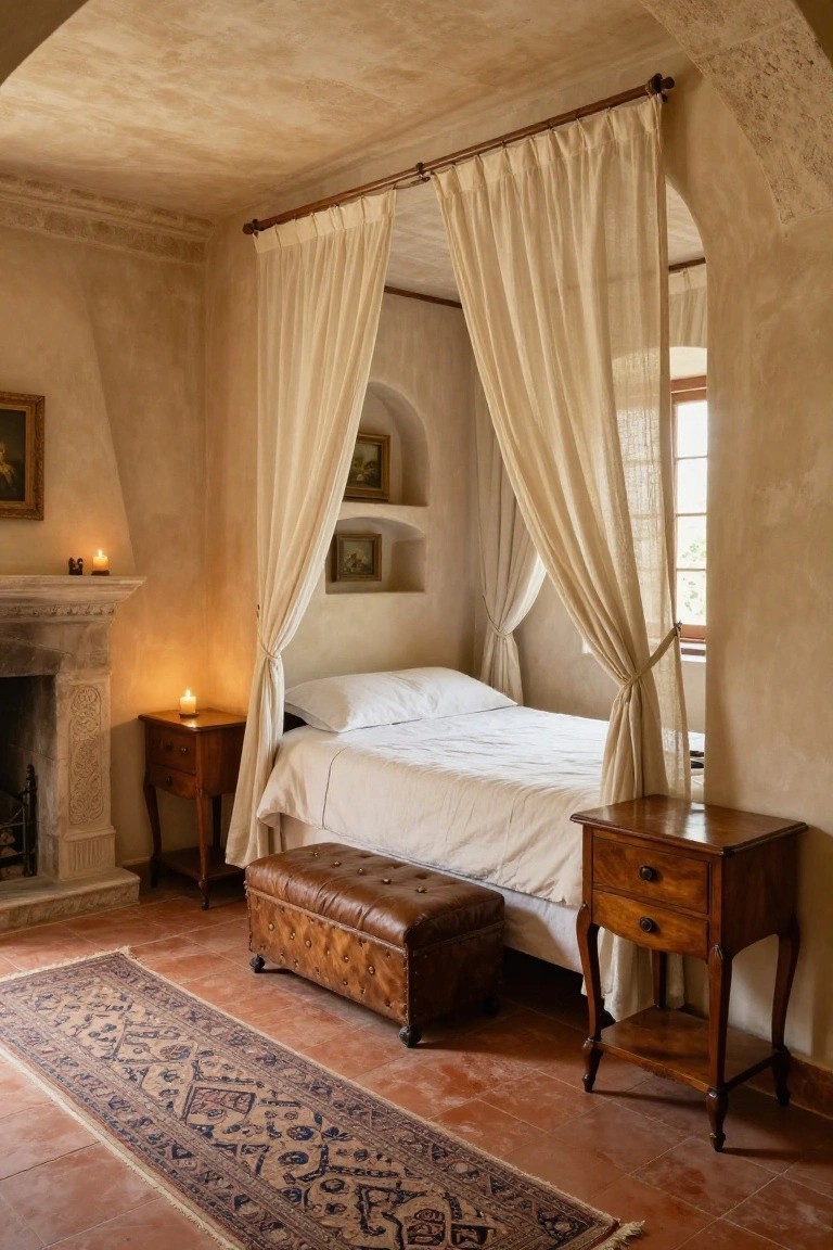 Bedroom in a Mediterranean villa with white bed in arched alcove behind sheer draped curtains, stone fireplace with candles, wooden nightstands, leather bench, and patterned rug on terracotta floor.