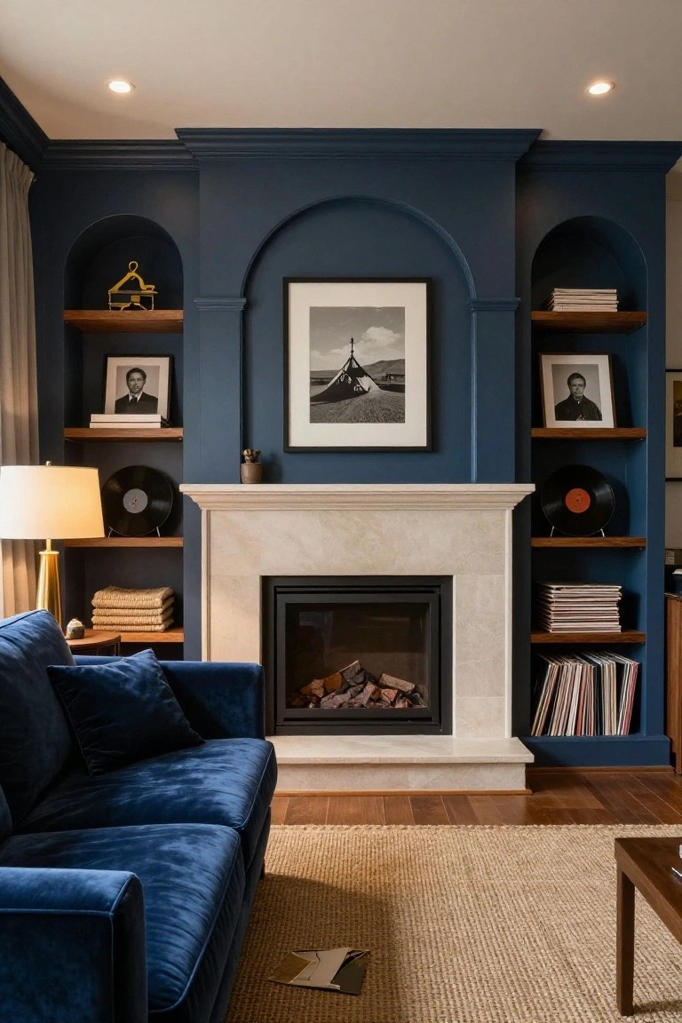 Living room with navy blue arched bookshelves flanking a cream stone fireplace, filled with books, vinyl records, and photos, blue velvet sofa in front, wood floors, and beige rug.