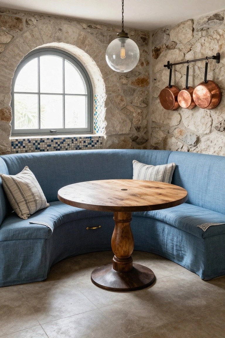 Curved blue banquette surrounding a round wooden pedestal table in a stone-walled room with arched window, blue mosaic tiles, hanging copper pots, and pendant light.