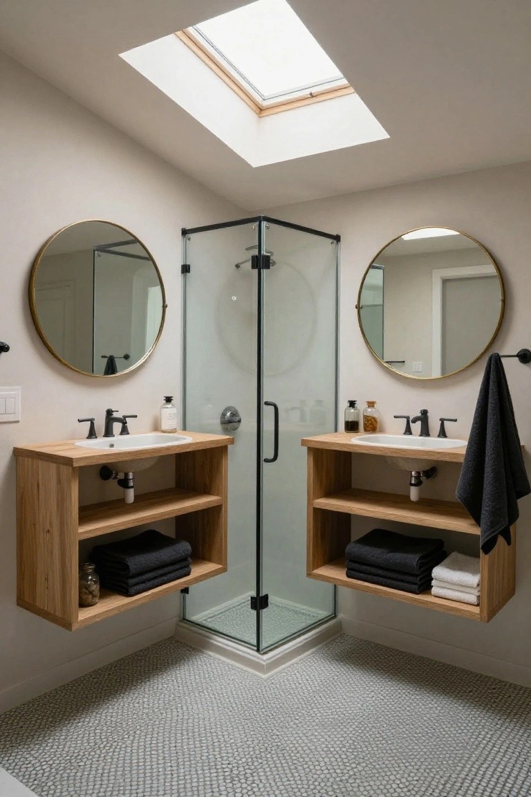 Corner bathroom with glass shower flanked by two floating wooden vanities holding white sinks, open shelves with towels, round gold mirrors above, pebble tile floor, and skylight overhead.