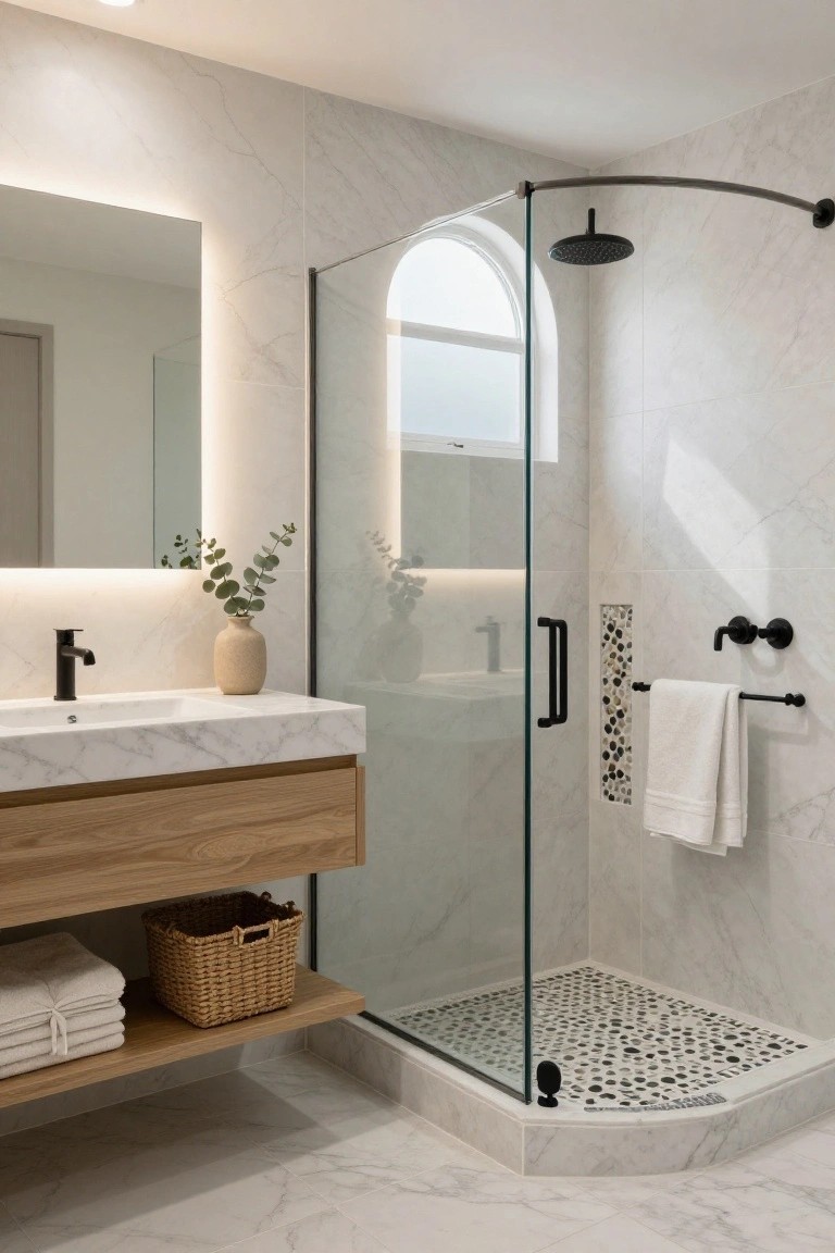 Floating Wood Vanity in Marble Bathroom