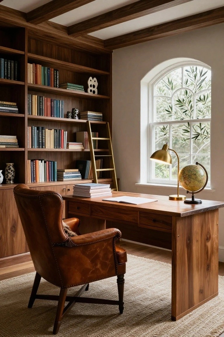 Wood-paneled study room with floor-to-ceiling bookshelves filled with books, wooden desk topped with papers and a brass lamp, tan leather wingback chair, gold globe, and arched window with olive branches outside.