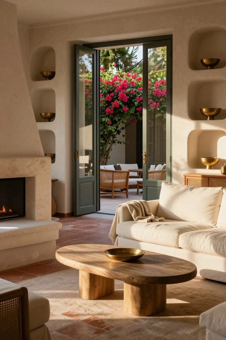 A cozy Mediterranean living room with cream plaster walls, arched niches holding brass bowls, a stone fireplace, white sofa draped with a throw, wooden coffee table, terracotta tile floor, and large open green French doors revealing an outdoor patio with rattan chairs and pink bougainvillea.