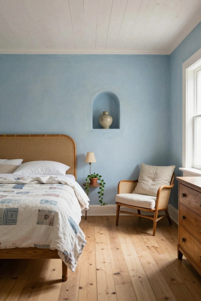 Bedroom with soft blue walls, rattan headboard bed with white quilted bedding, rattan armchair next to potted plant, wooden dresser, arched wall niche holding white vase, and oak wood floors.