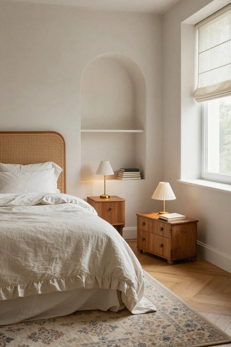 Bedroom corner featuring a curved rattan headboard with white pillows and rumpled linen bedding, flanked by wooden nightstands with pleated lampshades, an arched wall niche with books, a large window with roman shades, and a patterned rug on oak parquet flooring.