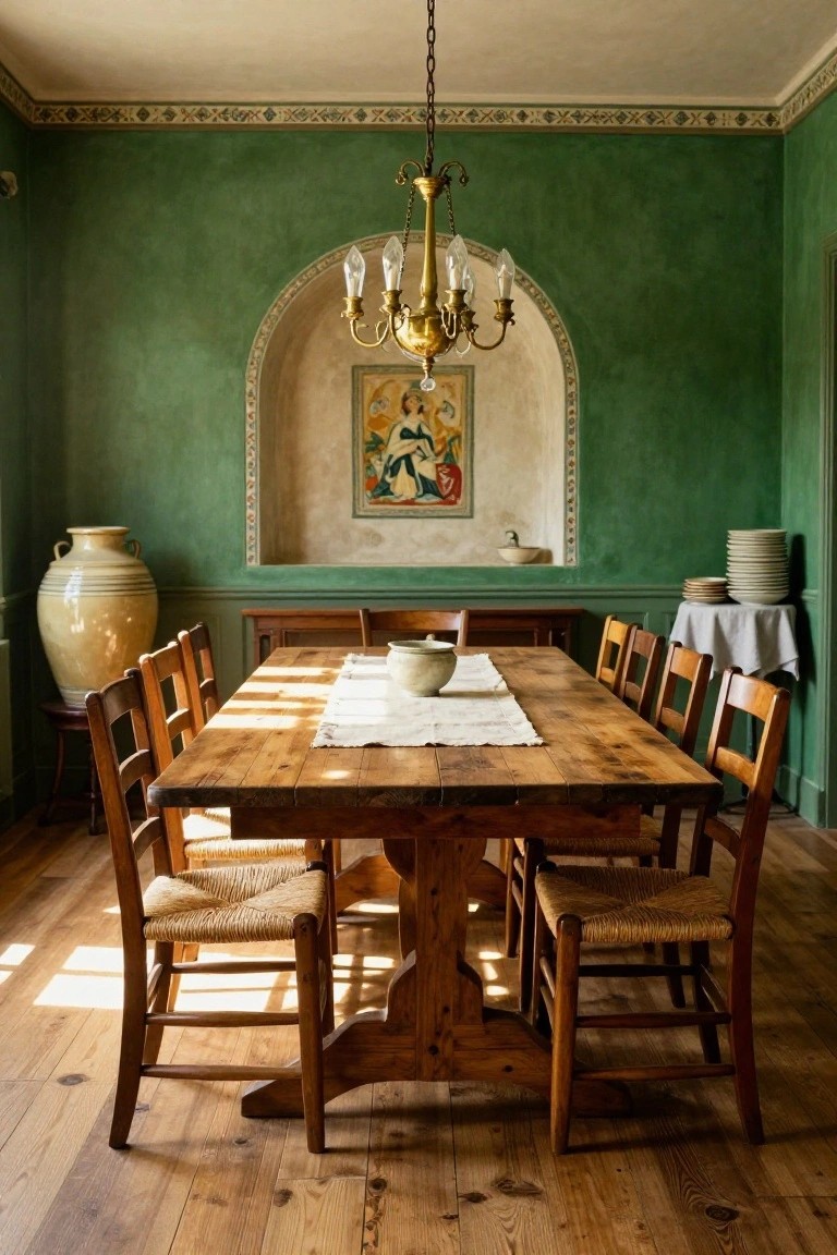 Dining room with sage green textured walls, long wooden trestle table covered in white runner with bowls, wooden chairs with rush seats, arched niche holding a painting above a sideboard, and large ceramic vase in corner.