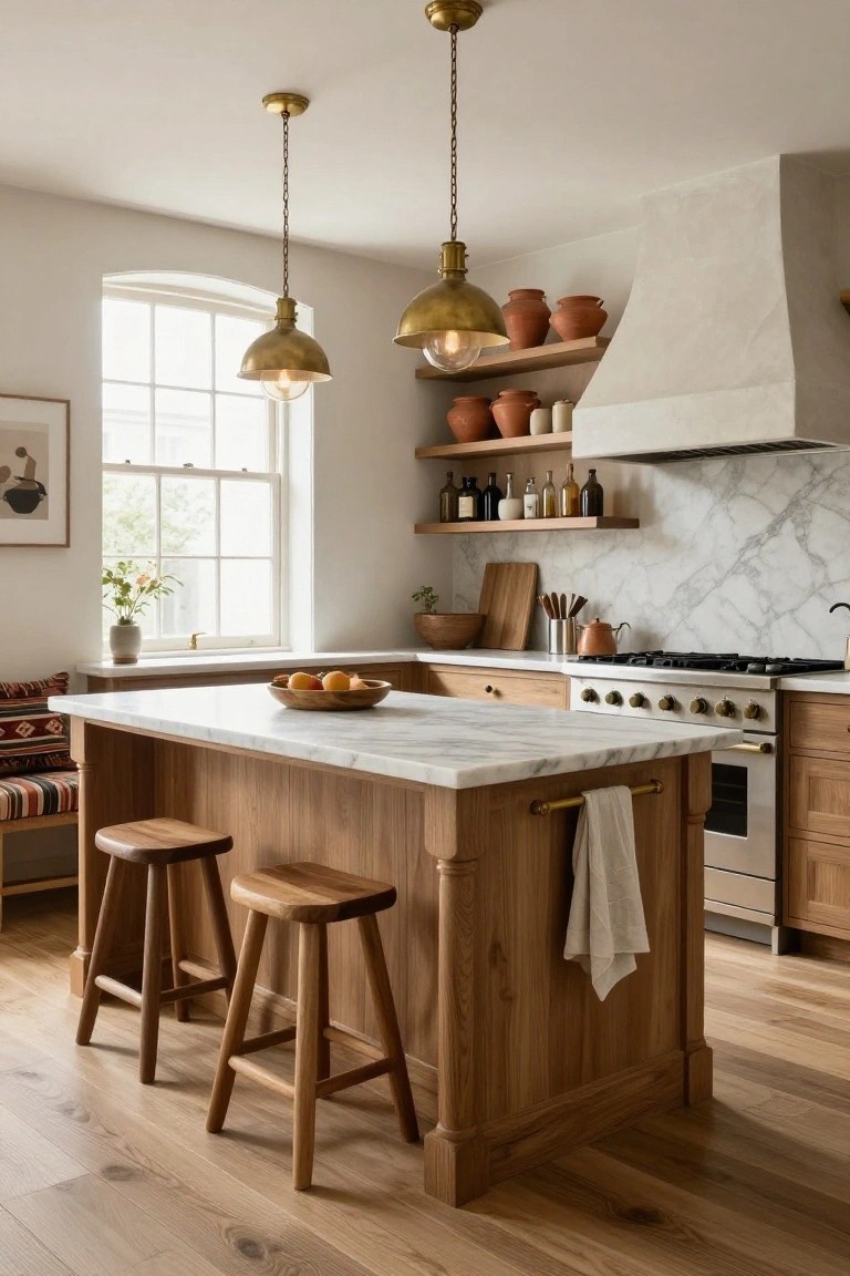 Kitchen interior with central wooden island topped in white marble, two wooden bar stools, brass pendant lights overhead, wooden shelves holding terracotta pots and bottles, marble backsplash, and beige range hood.