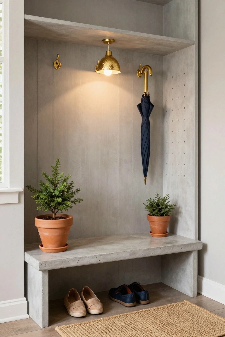 Gray shiplap-walled interior nook with concrete bench, women's nude flats and men's navy sneakers stored underneath, two potted conifer plants on the bench sides, navy umbrella on gold hook, and two gold pendant lights above.