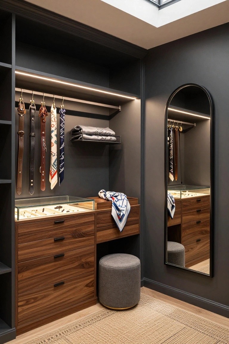 Modern walk-in closet with walnut wood cabinets, integrated LED lighting strips, hanging rods and hooks for belts and ties, glass jewelry displays, multiple drawers, a gray ottoman stool, and a large arched black mirror on dark walls.