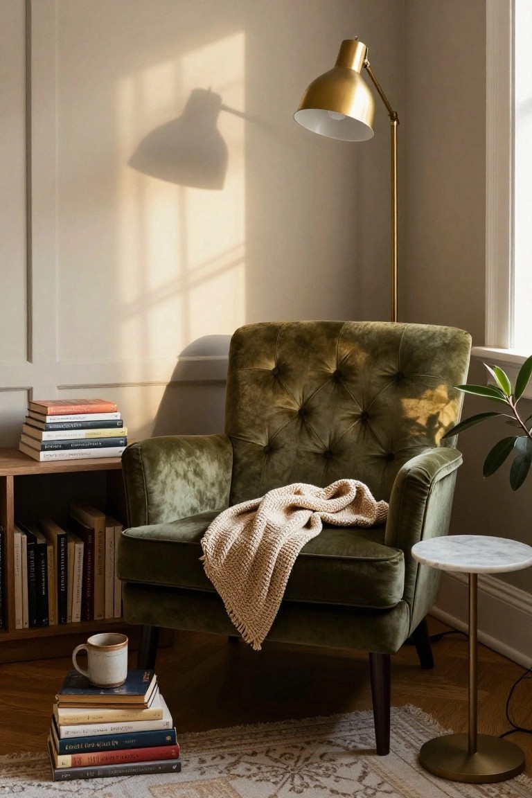 Sunlit room corner with green velvet tufted armchair draped in cream knit throw, stacks of books on wood shelves and marble side table with ceramic mug, gold floor lamp, potted plant, and beige rug.
