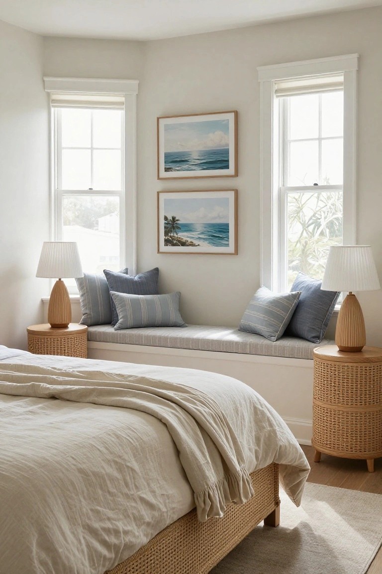 Bedroom corner with built-in cushioned window seat between two large windows, blue pillows on seat, rattan side tables topped with lamps, ocean artwork on walls, and white bed with beige linens nearby.