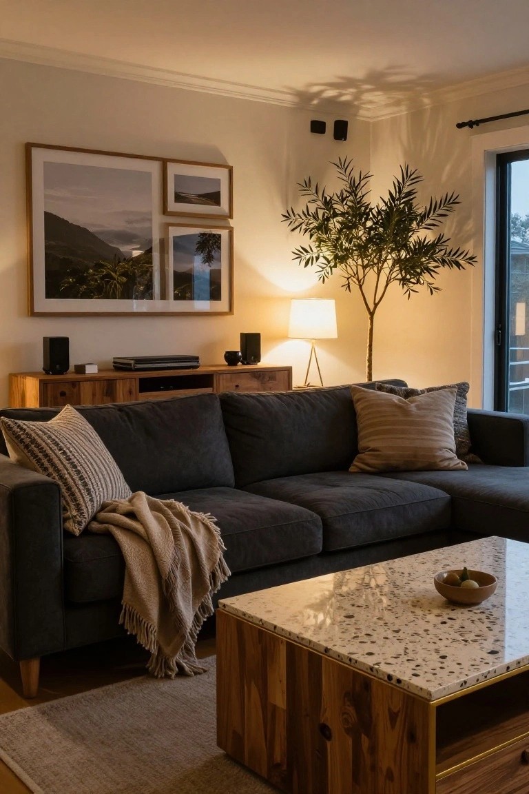A living room with dark gray L-shaped sofa, wooden media console and coffee table topped with terrazzo, potted olive tree, floor lamp, and landscape photos on the wall.