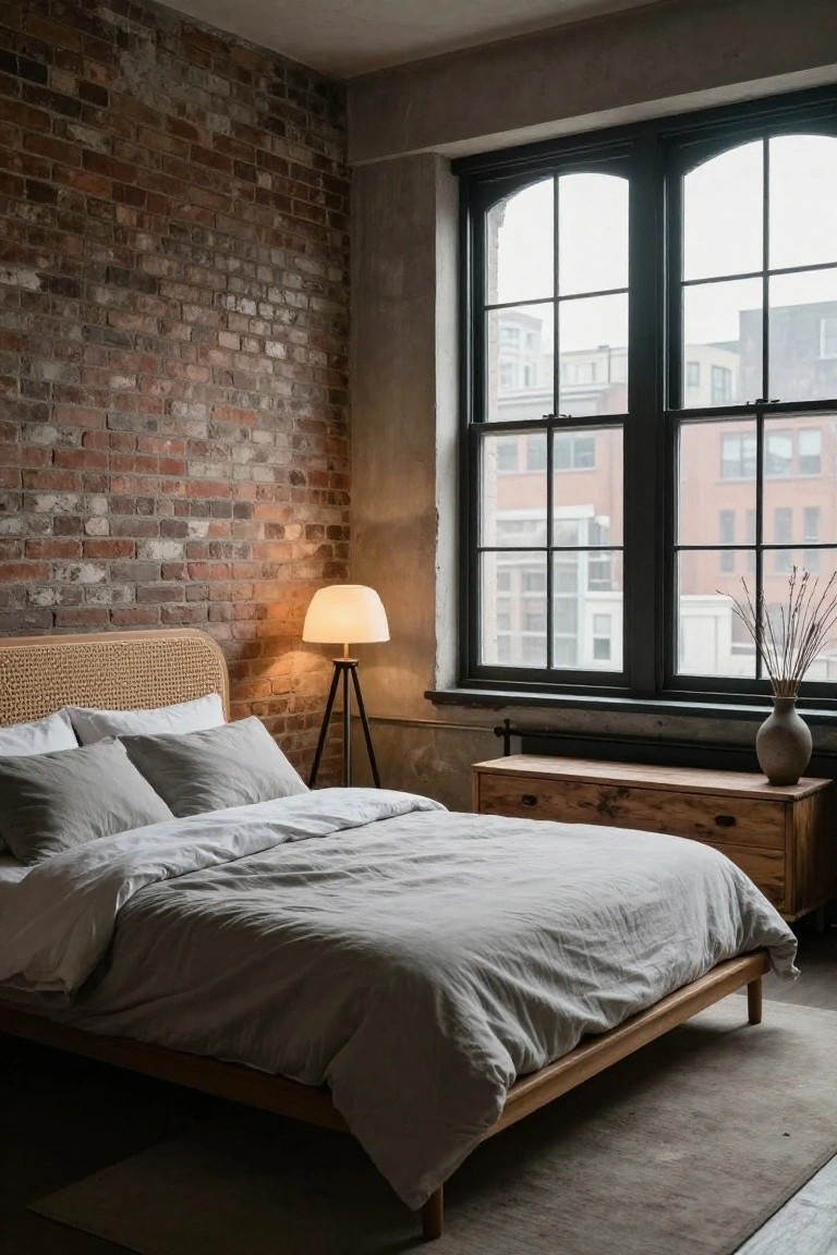 A bedroom with exposed red brick walls, a low wooden bed frame with gray linens and rattan headboard, a tripod floor lamp, wooden dresser, tall vase with dried branches, and large black-framed windows showing brick buildings outside.