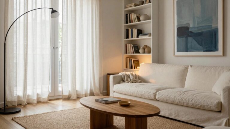 A bright living room with white slipcovered sofa, oval wooden coffee table holding a black plate, wooden credenza, tall white bookshelves filled with books and ceramics, arc floor lamp, large blue abstract painting, and sheer curtains over a large window.
