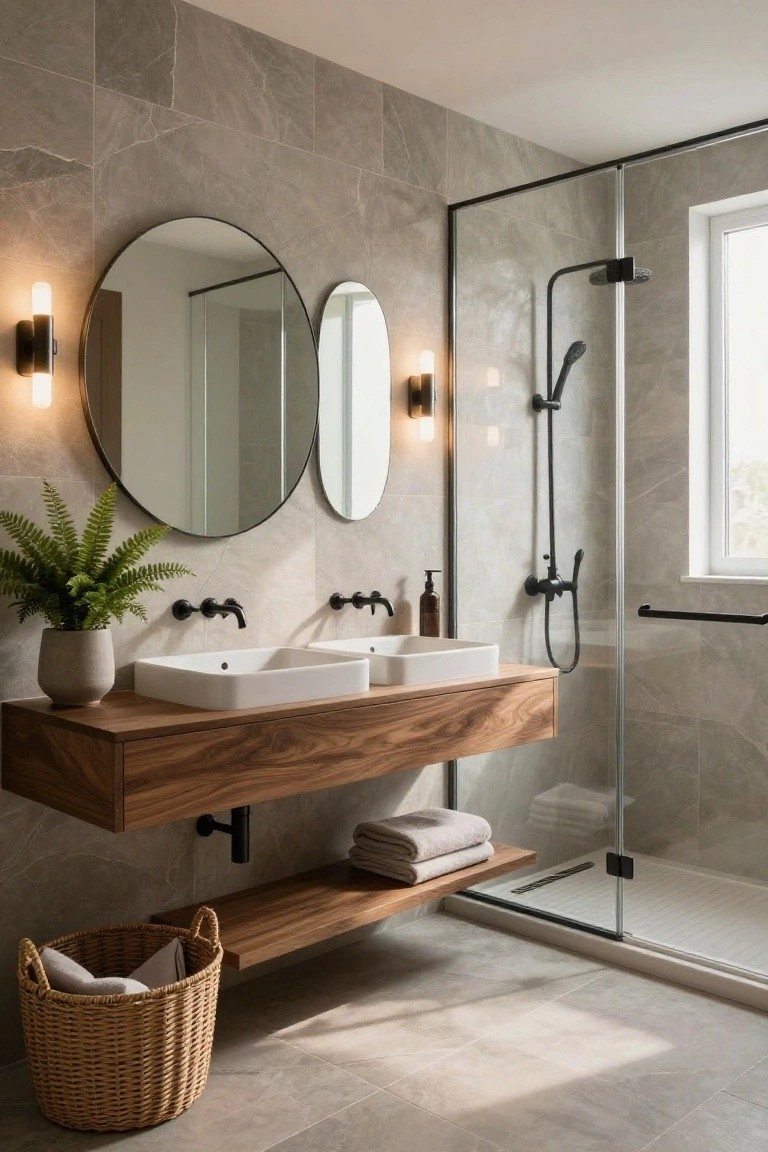 Modern bathroom with floating walnut wood vanity and two white sinks, round mirrors above, gray veined tile walls, black fixtures, glass shower enclosure, potted fern, and woven basket on floor.