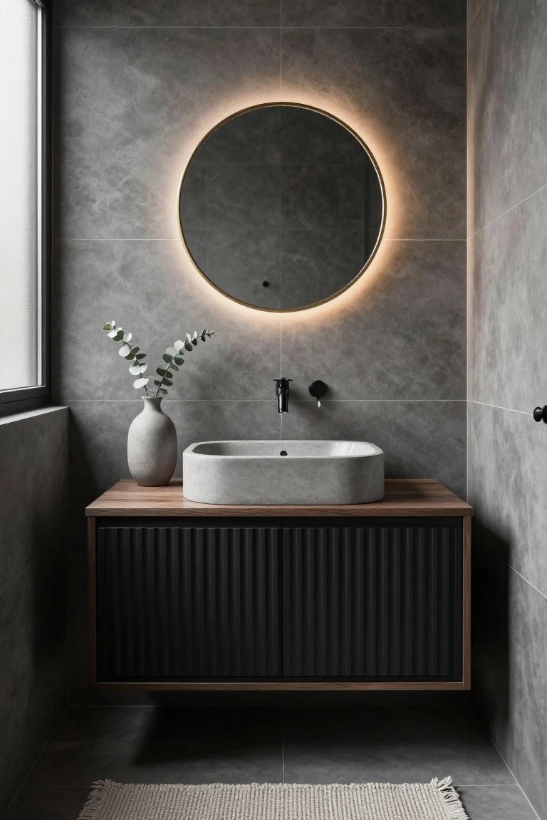 Modern small bathroom with gray textured tile walls, large round mirror with LED backlight, floating vanity cabinet in black with fluted doors and light wood top, white ceramic vessel sink, matte black faucet, potted eucalyptus plant, and woven rug on gray floor.