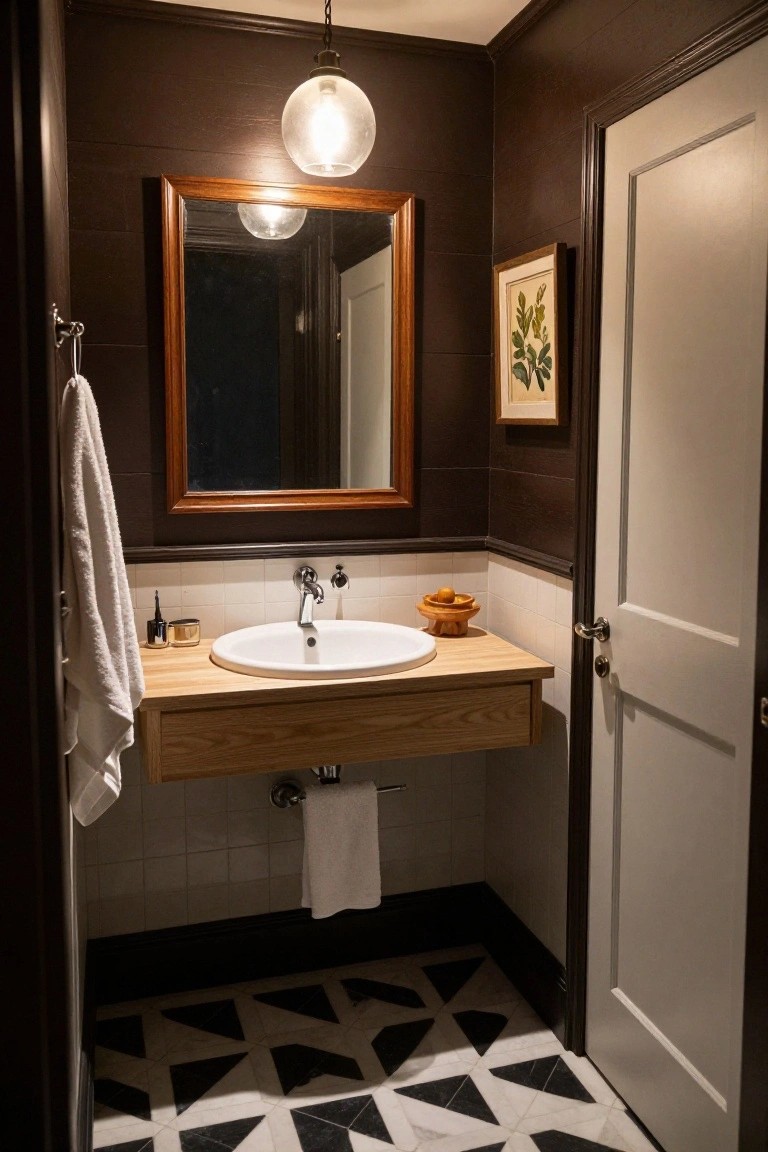 Small bathroom with dark wood-paneled walls, wood-framed oval mirror, floating oak vanity with white sink and brass faucet, white towels, orange bowl, and black-and-white geometric tile floor.