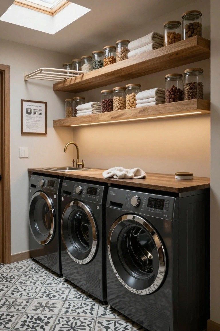 Laundry room interior with three black front-loading washers, oak open shelves stocked with glass jars of beans and nuts plus folded white towels, wood countertop utility sink with brass faucet, under-shelf lighting, and black-and-white patterned tile floor.