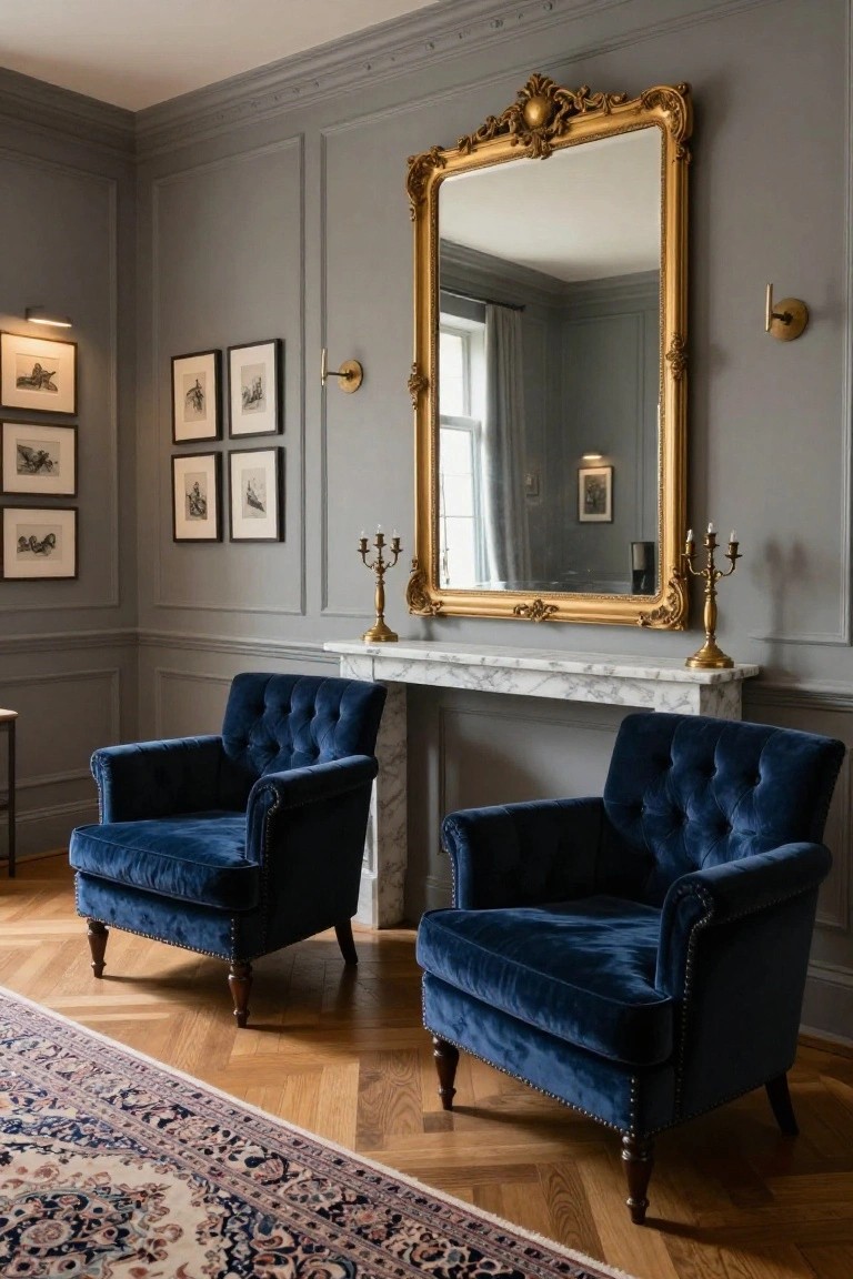 Gray paneled interior room with large ornate gold-framed mirror over white marble mantelpiece flanked by two navy blue tufted velvet armchairs on parquet wood floor with Persian rug.