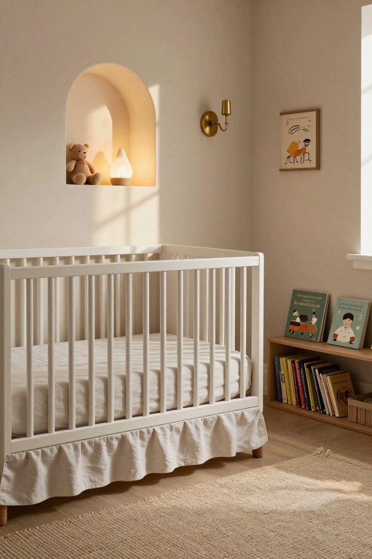 A nursery with beige walls, white slatted crib with dust ruffle, arched wall niche containing teddy bear and lamp, brass wall sconce, children's books on wooden shelf, and seagrass rug on wood floor.