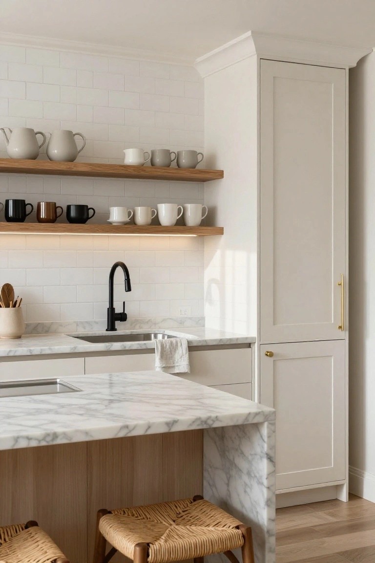 Kitchen with white shaker cabinets, oak open shelves displaying assorted ceramic mugs, pitchers and bowls, marble countertops, black faucet sink, and rattan stools at an island.