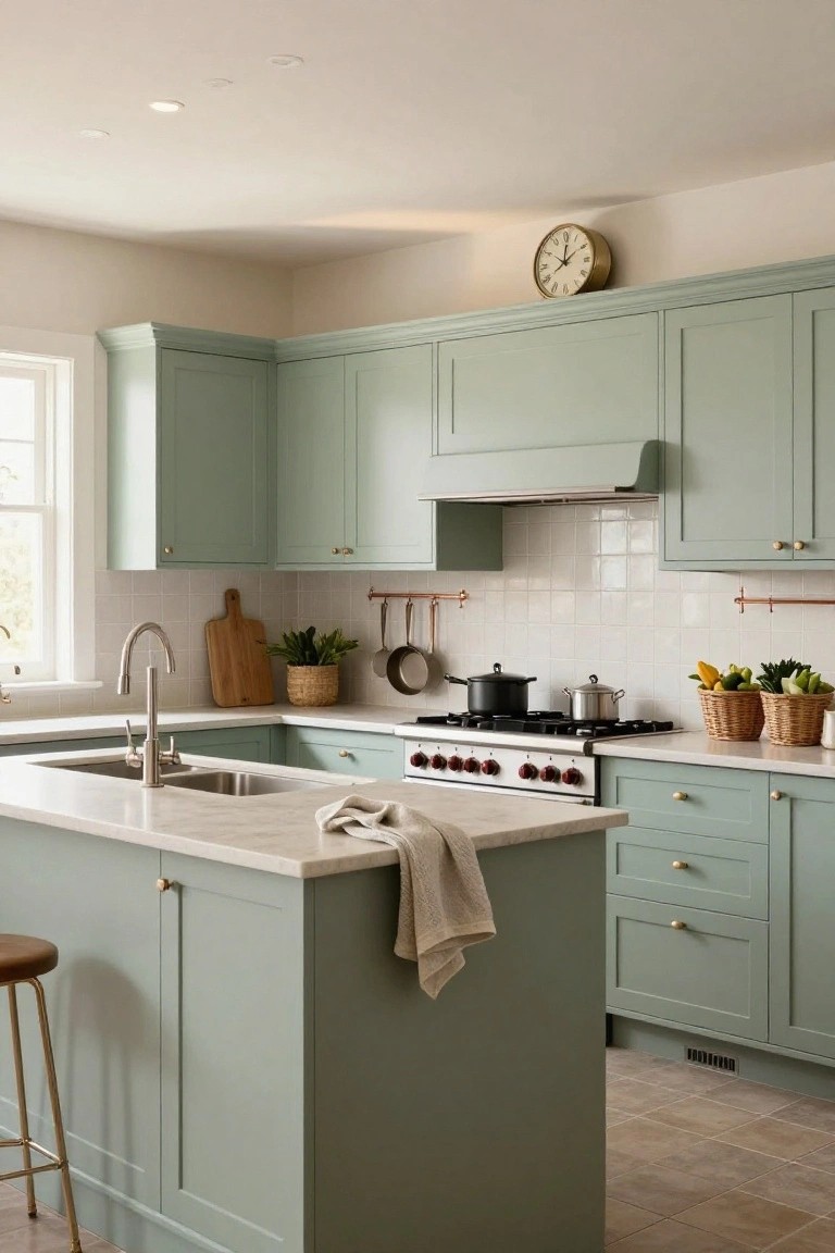 A kitchen interior with sage green shaker-style cabinets, white countertops and subway tile backsplash, central island, stainless steel sink and range, brass hardware, and potted plants on the counter.