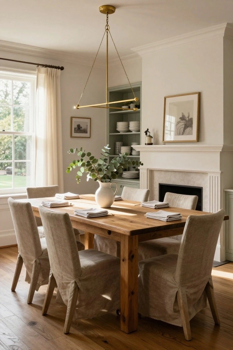 Dining room with rectangular wooden table, six beige slipcovered chairs, white fireplace, open shelves with dishes, large window with sheer curtains, and eucalyptus in white pitcher on table.