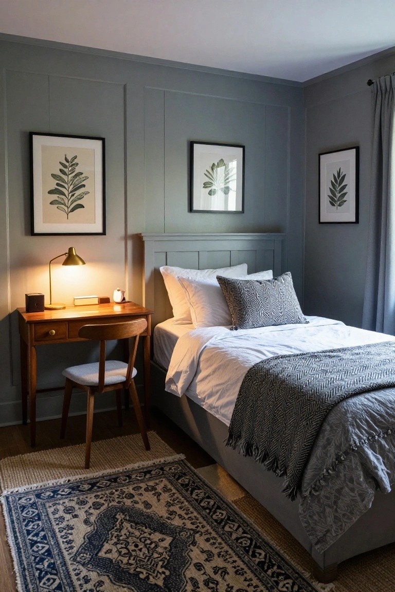 A bedroom corner with soft gray paneled walls, a wooden desk and chair beside a single bed with white sheets and gray throw, botanical artwork, and a blue patterned rug on the floor.