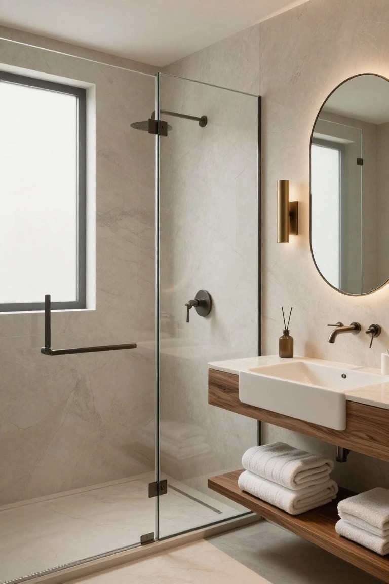 Modern bathroom with light beige stone walls and shower floor, floating wooden vanity holding a white sink, glass shower enclosure with matte black hardware, round mirror with lighting, and stacked white towels on a wood shelf.