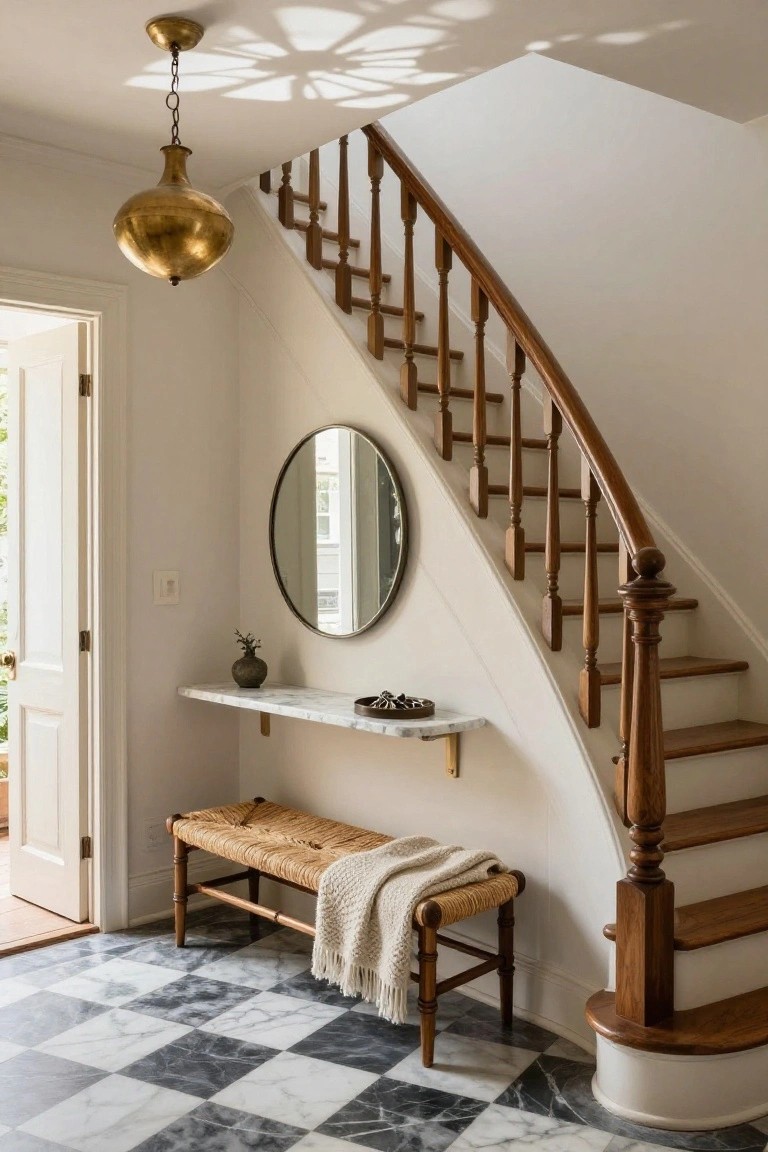 Entry hall with black and white checkered marble floor, curved wooden staircase, rattan bench draped with a throw blanket, wall-mounted marble shelf with mirror and vase, and brass pendant light.