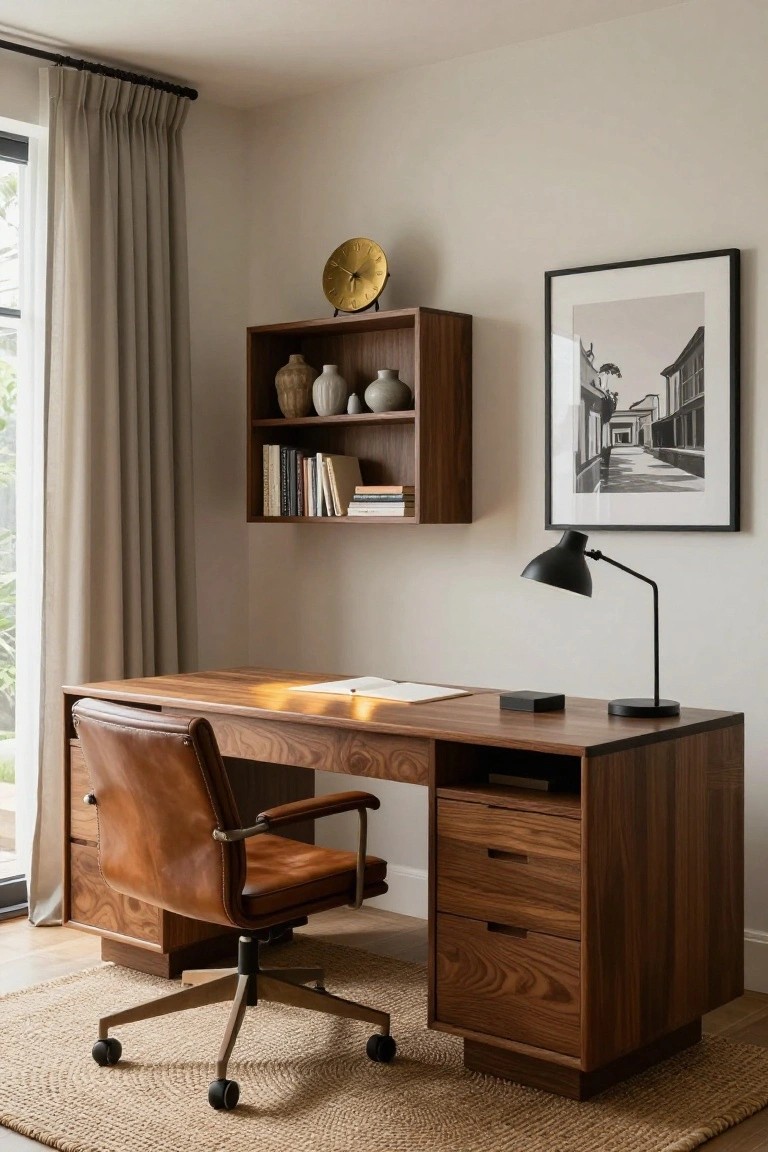 A home office interior with a large rectangular walnut desk featuring side drawers, a tan leather swivel chair, floating wooden shelves holding vases and books, a black desk lamp, and beige curtains framing a window.