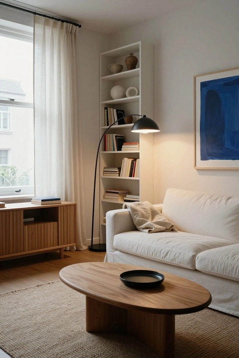 A bright living room with white slipcovered sofa, oval wooden coffee table holding a black plate, wooden credenza, tall white bookshelves filled with books and ceramics, arc floor lamp, large blue abstract painting, and sheer curtains over a large window.
