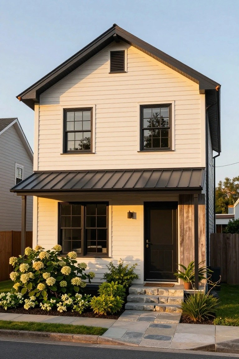 Two-story white board-and-batten sided house with black metal gable roof and porch awning, black front door, stone entry steps, hydrangea shrubs, and potted plants along the sidewalk.