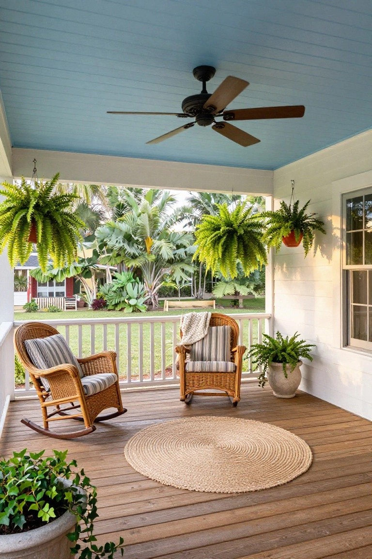 A covered front porch with a blue painted ceiling, black ceiling fan, two wicker rocking chairs on wood decking, hanging and potted ferns, white railing, and tropical plants visible beyond.
