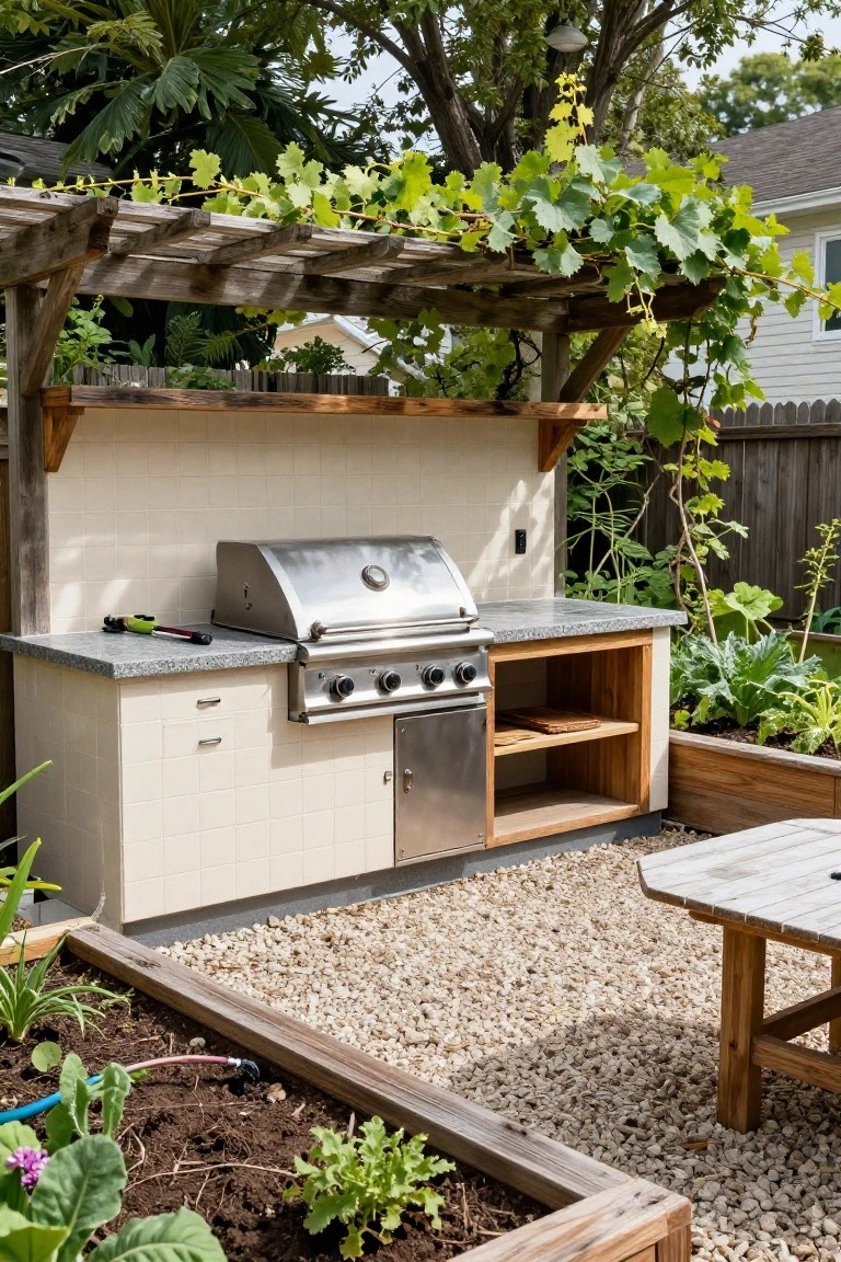 Wooden pergola covered in grape vines over an outdoor kitchen featuring a stainless steel four-burner grill on a granite countertop with beige tiled cabinets, surrounded by raised garden beds on a gravel patio with a wooden picnic table nearby.