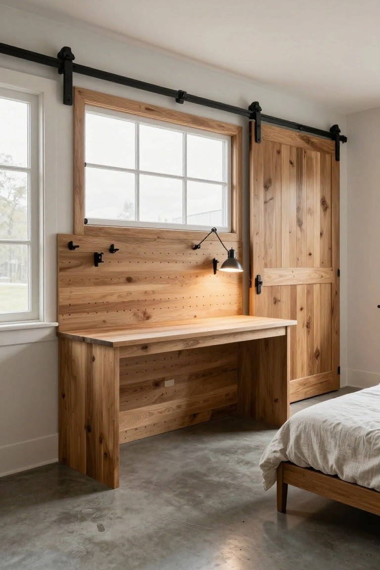 Wooden built-in desk with pegboard backing against a wall, next to a sliding barn door, large window, wall lamp, and bed frame on polished concrete floor in a light-colored room.
