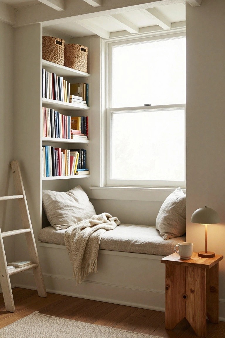 Indoor window nook with tall white bookshelves flanking a cushioned bench seat covered in pillows and a cream blanket, wooden ladder leaning nearby, small wooden side table with lamp and mug, light wood floors, and natural light from a large open window.