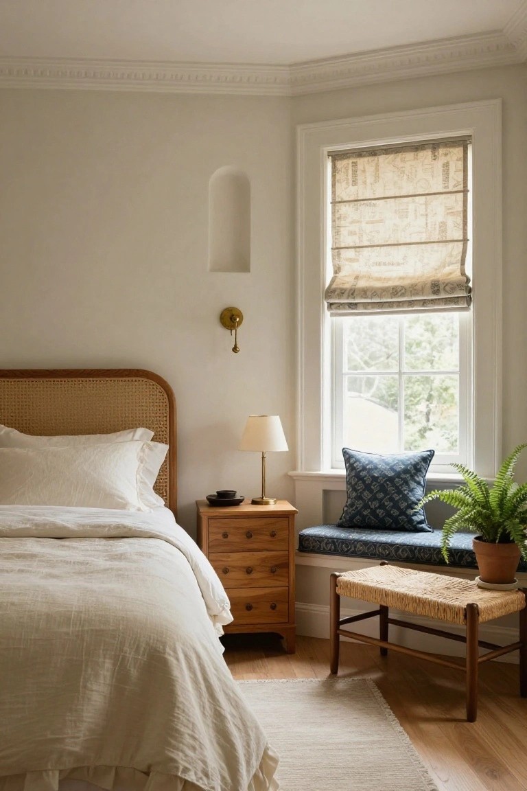 Bedroom corner with a bed topped by white linens and a curved cane headboard, wooden nightstand holding a lamp and tray, wall sconce, window covered by beige roman shade overlooking trees, built-in bench with blue patterned cushion and potted fern, rattan stool, white rug, and oak floors.