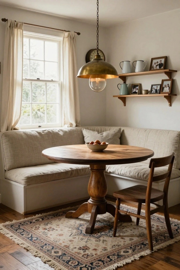 Corner banquette with beige linen cushions and pillows, round wooden pedestal table with bowl of oranges, wooden chair, brass pendant light, floating wooden shelves with enamelware pitchers photos and plants, sheer curtains on window, Persian rug on wood floor in white-walled room.