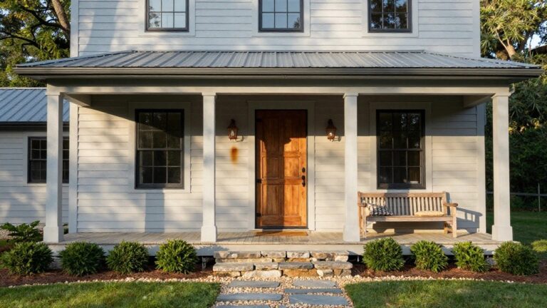 Front exterior of a white clapboard house with standing-seam metal roof, covered porch with wooden door, copper lanterns, wooden bench, potted plants, stone steps, and flagstone walkway bordered by gravel and grass.