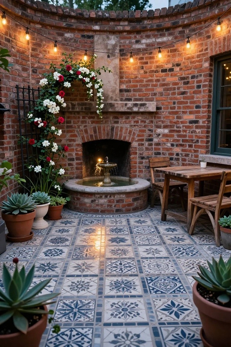 Brick-walled circular courtyard patio featuring a central stone fountain, wooden bistro table with two chairs, colorful patterned tile floor, potted succulents and plants, climbing roses on a metal trellis, and string lights strung along the walls.