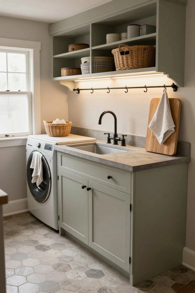 Laundry room showing sage green cabinets with utility sink and concrete countertop next to white washer and dryer, open upper shelving with woven baskets, wooden cutting board and towels on hooks, and hexagonal gray floor tiles.